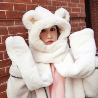 成人款-白色 儿童熊猫帽子围巾手套一体女冬季毛绒护脸护耳帽子保暖三件套亲子