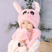 #粉色 儿童款3-10岁 秋冬季儿童帽子围巾手套三件套一体护手防寒会动兔耳保暖加厚围脖