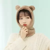 头套咖啡色 均码 小熊护耳朵帽子女可爱帽子围巾一体女手套三件套加厚保暖双层防寒