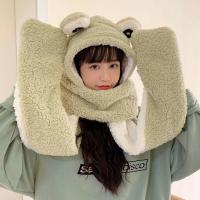 一体帽（绿色） 冬天护耳朵帽子女秋冬可爱羊羔绒围巾手套一体韩版毛绒保暖青蛙潮