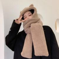 咖啡色-小熊二件套 小熊耳朵帽子女士冬天毛绒围巾连帽手套一体日系可爱百搭加厚保暖