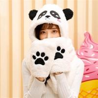 成人款桃心熊猫 韩国可爱卡通熊猫帽子围巾手套三件套女冬季一体帽亲子套装韩版潮