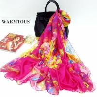 凤尾花冠 梅红130*200CM 中年女丝巾特大广场舞纱巾雪纺印花长围巾空调披肩薄防晒沙滩巾女