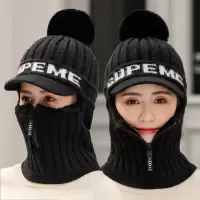 均码有弹性 大红（口罩+ 帽子） 帽子女冬天骑车防风一体帽遮脸防寒冬季护耳帽保暖加绒加厚毛线帽
