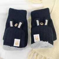 兔子毛口女款：黑色 翻盖手套女男冬季保暖可爱韩版学生加厚棉加绒毛线写字半露指防寒