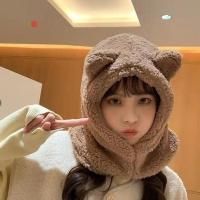 单帽卡其色 秋冬保暖围巾小熊帽子围巾一体女毛绒韩版学生可爱围巾