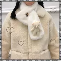 白色小熊围巾 冬天可爱毛绒围巾手套一体套装女ins保暖百搭韩版软糯糯白色围脖