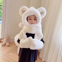 【白色】-小熊 宝宝【3-9岁】 小熊帽子围巾一体韩版女冬季加厚可爱儿童棉帽围脖手套保暖三件套