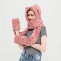 小拾家舒棉绒 均码加绒加厚 小熊帽子女冬季围巾围脖一体毛绒可爱护耳保暖时尚韩版防风连体帽