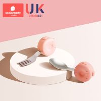 克卢粉A4 宝宝学吃饭训练勺子婴儿童餐具辅食不锈钢小硅胶短柄叉勺叉子套装