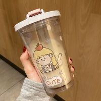 翻盖女孩双层塑料杯450ml-粉色 杯子+杯刷+吸管刷 创意双层吸管杯ins可爱塑料水杯女学生便携韩版简约高颜值随行杯