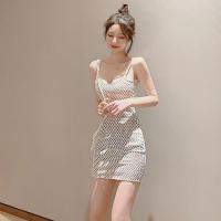 杏白色 S 港味chic夏季性感网纱镂空拼色低胸露背修身包臀短裙打底连衣裙