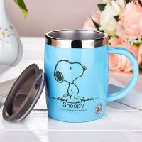 蓝色420ml+赠杯刷 史努比儿童可爱防摔水杯带把手家用不锈钢喝水杯子男女办公咖啡杯