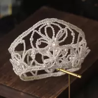 珍珠皇冠+耳夹[简装] 外观可调节 韩式手工珍珠皇冠圆冠复古巴洛克简约婚礼头饰超仙生日公主王冠女