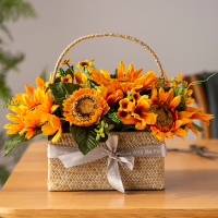 金色向日葵 长方手提 塑料花束假花仿真花装饰客厅摆件花艺用品餐桌花摆花向日葵花篮
