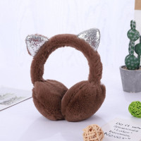不折叠亮片猫耳卡其 耳罩女冬季耳套亮片猫耳朵韩版可爱卡通防寒防冻毛绒保暖折叠耳暖