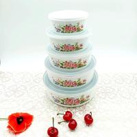 红花三件套14-16-18厘米 玻璃饭盒盖子单卖搪瓷碗加厚带盖老式珐琅密封碗怀旧五件套碗饭菜