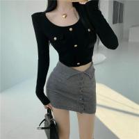 黑色 均码 性感U领打底衫女春秋短款露脐紧身T恤韩版磨毛垫肩显瘦长袖上衣潮