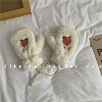 白色 水蜜桃毛绒手套 均码 ins羊羔绒水果骑车手套秋冬天女保暖加绒可爱加厚防寒骑行车挂脖