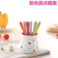 粉色内壁圆点图案 六条不同色叉 不锈钢点心甜品套装彩色创意可爱陶瓷三齿叉子一次性蛋糕水果叉