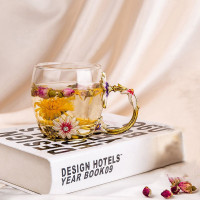 黄色雏菊矮简装 雏菊无铅珐琅彩水杯办公室咖啡杯耐高温水晶玻璃杯花茶杯