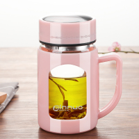 亮面粉500ml+杯刷[普通茶隔] 水杯女家用办公室玻璃杯茶水分离泡茶杯男士防摔带盖个人专用杯子