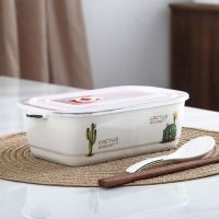 三格仙人掌+勺筷 陶瓷分格饭盒便当盒微波炉专用碗密封带盖分隔长方形上班族保鲜盒