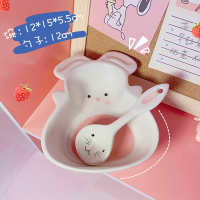可爱兔碗+勺子 碗少女心可爱兔子单人麦片陶瓷碗带勺兔兔女生超萌创意宿舍用学生