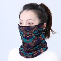 [春秋挂耳款]紫蓝花朵 秋冬围脖围巾帽子护脖套头巾百搭多功能头套面罩头巾百变帽月子帽