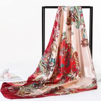 90方巾腰果花枣红 杭州丝绸丝巾女士90cm大方巾秋冬季款仿真丝百搭围巾披肩纱巾头巾