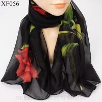 XF056 黑色 时尚雪纺丝巾女柔软薄纱巾玫瑰印花围巾春夏防晒披肩秋冬装饰丝巾