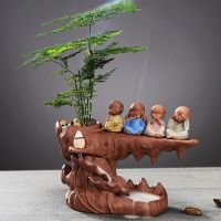莲莲好运(四不款)+文竹 紫砂倒流香炉四不小和尚摆件室内熏香家用塔香沉香檀香禅意香薰炉