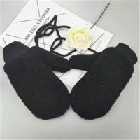 [简约款]黑色 男女通用加厚加绒羊羔绒卡通冬款学生白暖挂脖包指可爱保暖手套