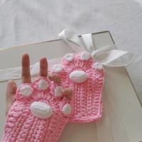 情人棉粉色成品 猫爪手套 珊瑚绒成品猫爪手套