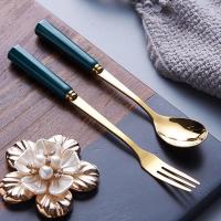 新款绿金叉1+绿金勺1(无罐) 水果叉子家用可爱不锈钢水果叉水果签子创意不锈钢陶瓷叉勺套装