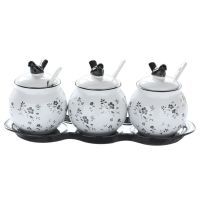 小鸟新品230ml 3罐3勺+底盘 陶瓷调味罐家用调料盒套装厨房用品调味料瓶罐装盐罐储物盒