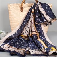 J201藏蓝 杭州丝绸丝巾女百搭仿桑蚕丝真丝围巾长款冬季保暖披肩春秋款时尚