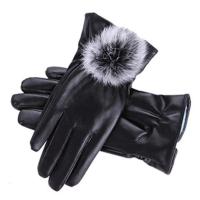 女士兔毛球款 可爱兔毛球显瘦触屏PU皮手套女秋冬季加绒加厚保暖骑车手套男学生