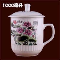 酒红色1000粉彩荷花 景德镇大容量陶瓷带盖大茶杯1800毫升超大号霸王杯子凉水杯泡茶杯