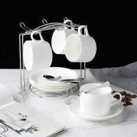 PDD-新直身咖啡杯纯白4杯碟 欧式陶瓷咖啡杯碟套装小奢华简约杯碟带架子托碟勺子