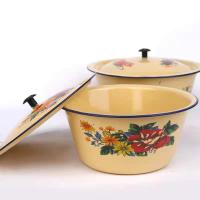 黄色18cm花型 带盖搪瓷碗保鲜碗洗手盆拌馅盆和面盆猪油盆老式瓷盆怀旧盖盆