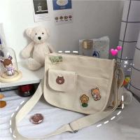 米白色大号(小熊头胸针) 无挂件无徽章 日系原宿可爱古着感少女斜挎包韩国ins复古大容量学生上课帆布包