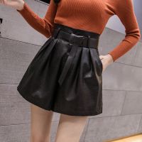 黑色 S 建议85-95斤/1.9尺 个性腰带PU皮短裤女秋冬a字百搭靴裤大码高腰阔腿宽松外穿休闲裤