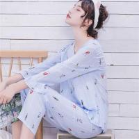 长袖V领蓝小人 M(80-105斤) 棉绸家居服套装春秋天长袖睡衣女夏季薄款休闲宽松大码家居服睡衣