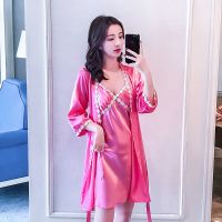 1858皮红 S 黑色睡衣女夏天性感冰丝两件套吊带睡袍套装长袖春秋家居服丝绸薄