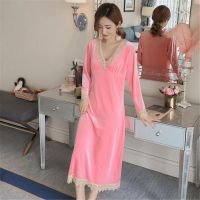 金丝绒豆沙[单裙] M 建议[80-100斤] 金丝绒睡衣女三四件套秋冬性感吊带睡裙长袖睡袍保暖家居服带胸垫