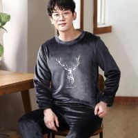 男套头衫-灰色小鹿 男L码(105斤-130斤) 睡衣男加厚法兰绒中青年秋冬季家居服保暖毛绒加肥大码珊瑚绒套装