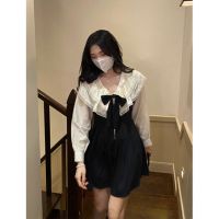 黑色背带裙 S 复古学院风蕾丝蝴蝶结衬衫背带百褶连衣裙早秋气质上衣小个子衬衣