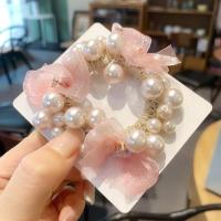 三朵绢纱蝴蝶结粉色 韩国发圈头绳满珍珠串珠花朵橡皮筋时尚气质简约盘马尾丸子头发绳