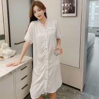 0104#白纯色 M 冰丝睡衣女夏季短袖性感蕾丝V领睡裙带胸垫奢华高级感法式家居服